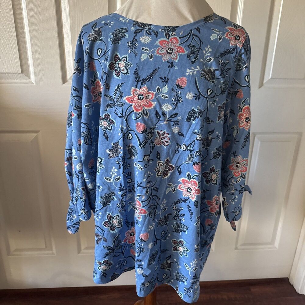 Woman Within Womens Top 2X Floral Cotton Tie Sleeve Casual‎ Relaxed Blue
